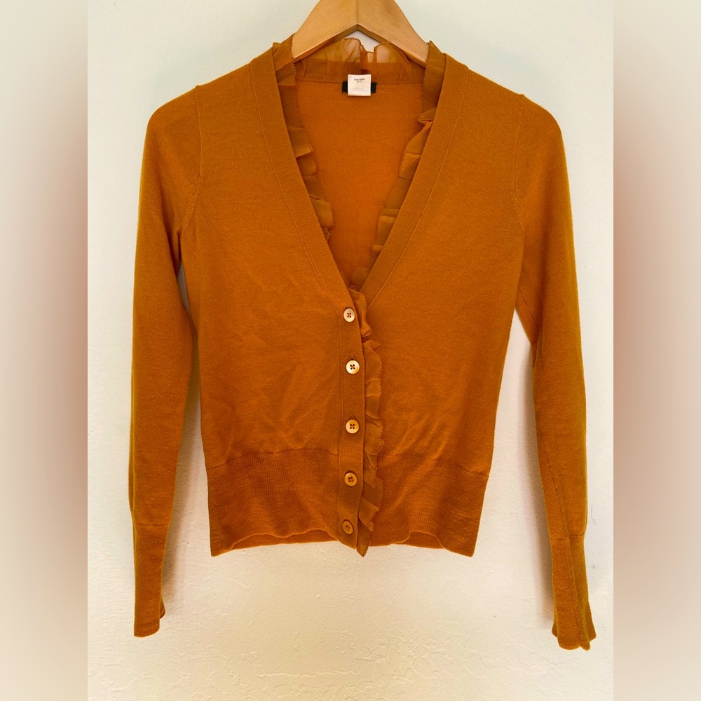 J. Crew cardigan with ruffle detail merino wool and silk, gold apricot color